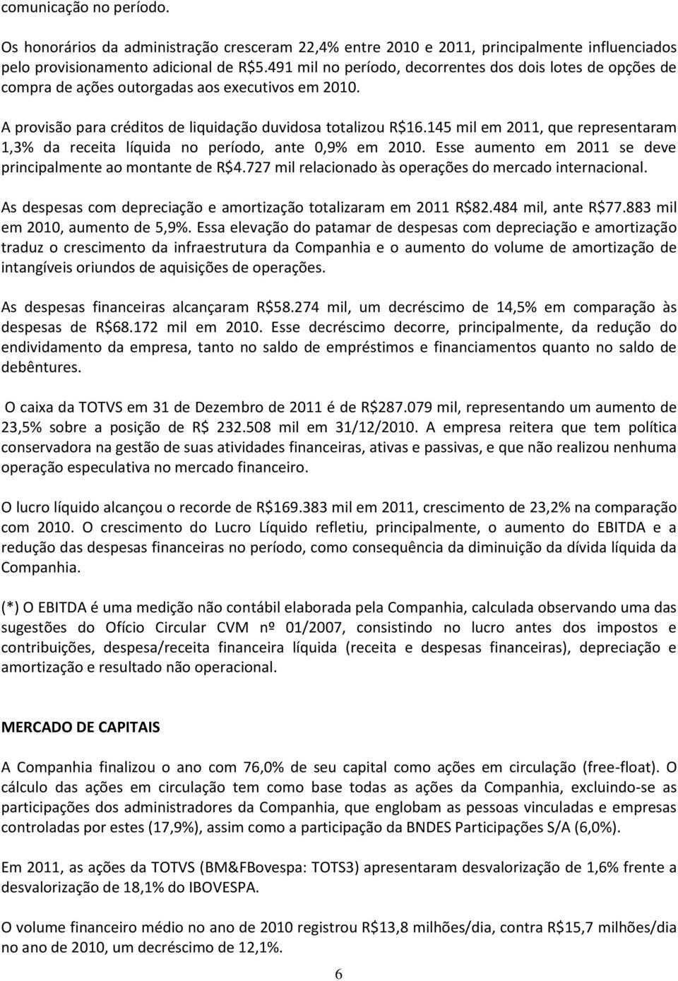 145 mil em 2011, que representaram 1,3% da receita líquida no período, ante 0,9% em 2010. Esse aumento em 2011 se deve principalmente ao montante de R$4.