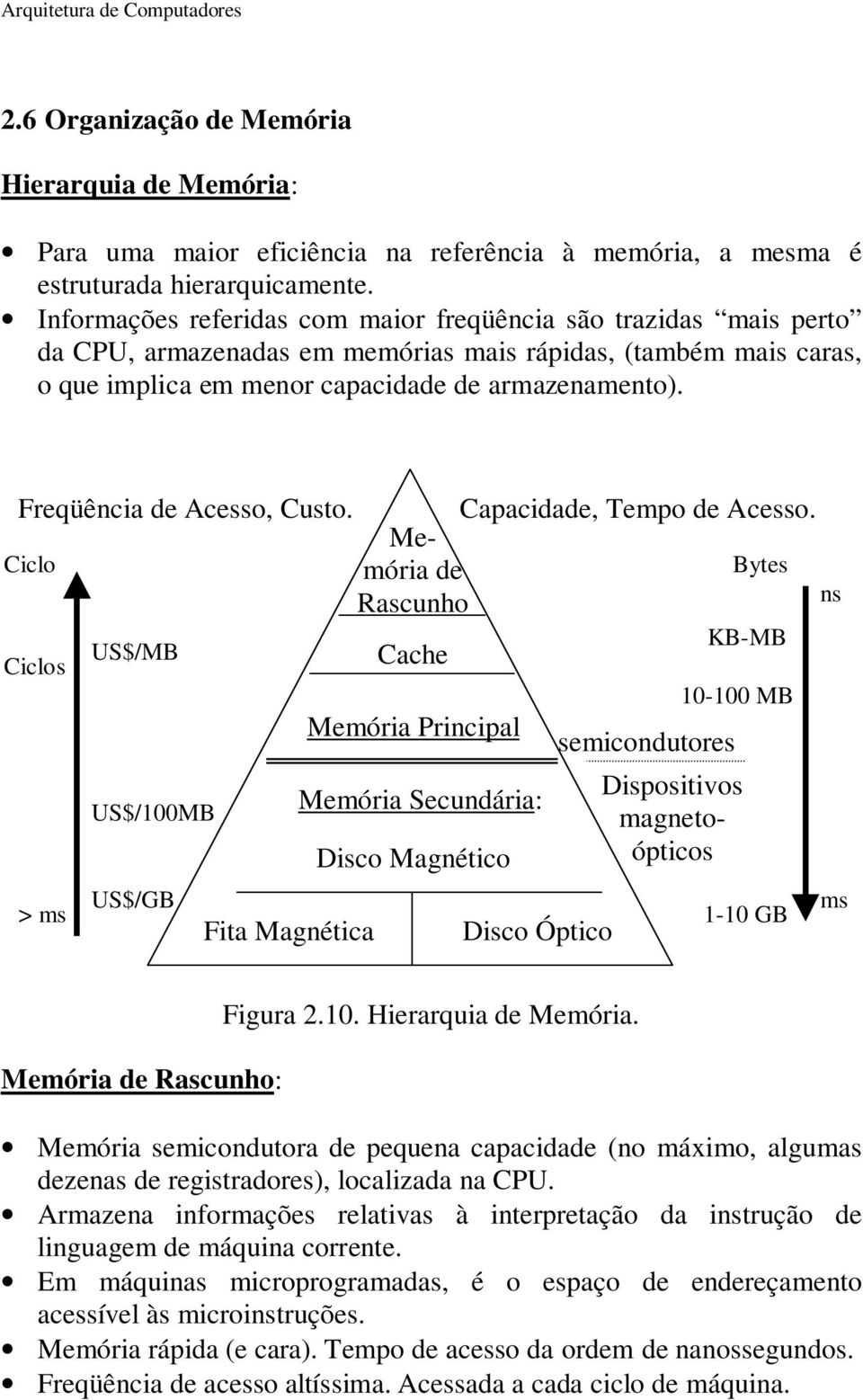 Freqüência de Acesso, Custo. Capacidade, Tempo de Acesso.