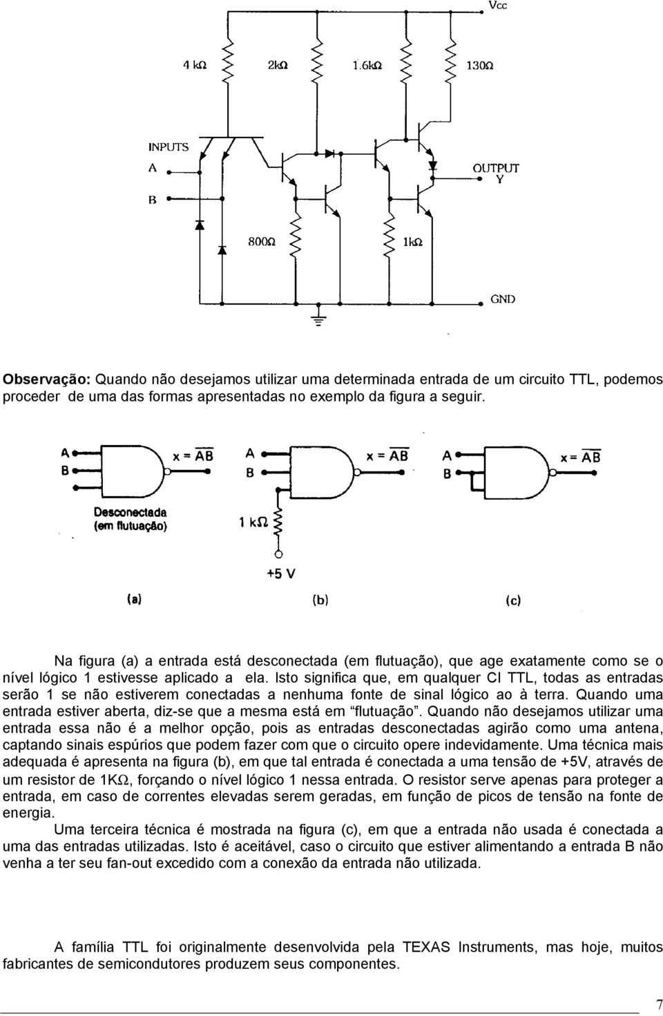 Isto significa que, em qualquer CI TTL, todas as entradas serão 1 se não estiverem conectadas a nenhuma fonte de sinal lógico ao à terra.