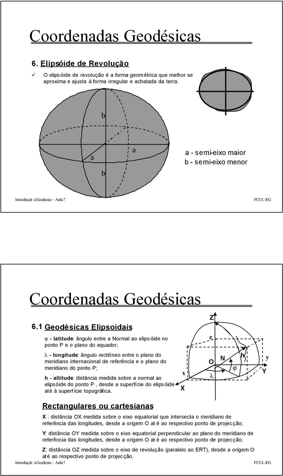 1 Geodésicas Elisoidais j - latitude: ângulo entre a Normal ao elisóide no onto P e o lano do equador; Z z l - longitude: ângulo rectilíneo entre o lano do meridiano internacional de referência e o