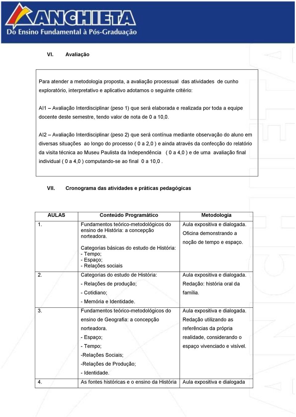 AI2 Avaliação Interdisciplinar (peso 2) que será contínua mediante observação do aluno em diversas situações ao longo do processo ( 0 a 2,0 ) e ainda através da confecção do relatório da visita