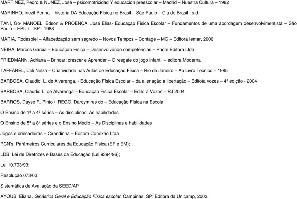 d Y educacion preescolar Madrid Nuestra Cultura 1982 MARINHO, Inezil Penna história DA Educação Física no Brasil São Paulo Cia do Brasil s.d. TANI, Go- MANOEL, Edson & PROENÇA, José Elias- Educação