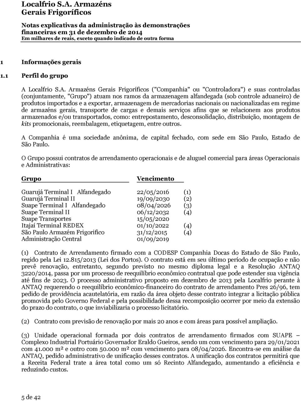 Armazéns ("Companhia" ou "") e suas controladas (conjuntamente, "Grupo") atuam nos ramos da armazenagem alfandegada (sob controle aduaneiro) de produtos importados e a exportar, armazenagem de