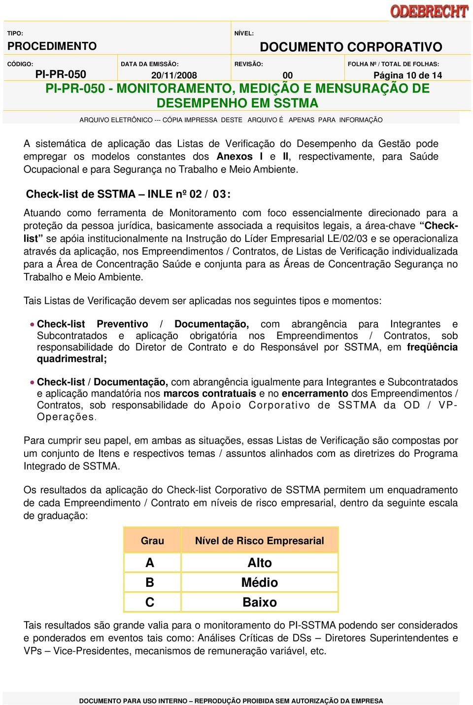 Check-list de SSTMA INLE nº 02 / 03: Atuando como ferramenta de Monitoramento com foco essencialmente direcionado para a proteção da pessoa jurídica, basicamente associada a requisitos legais, a