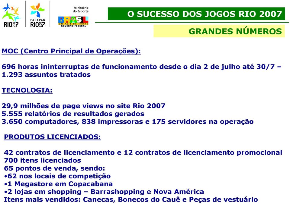 650 computadores, 838 impressoras e 175 servidores na operação PRODUTOS LICENCIADOS: 42 contratos de licenciamento e 12 contratos de licenciamento promocional 700