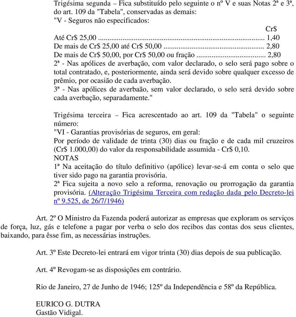 .. 2,80 2ª - Nas apólices de averbação, com valor declarado, o selo será pago sobre o total contratado, e, posteriormente, ainda será devido sobre qualquer excesso de prêmio, por ocasião de cada