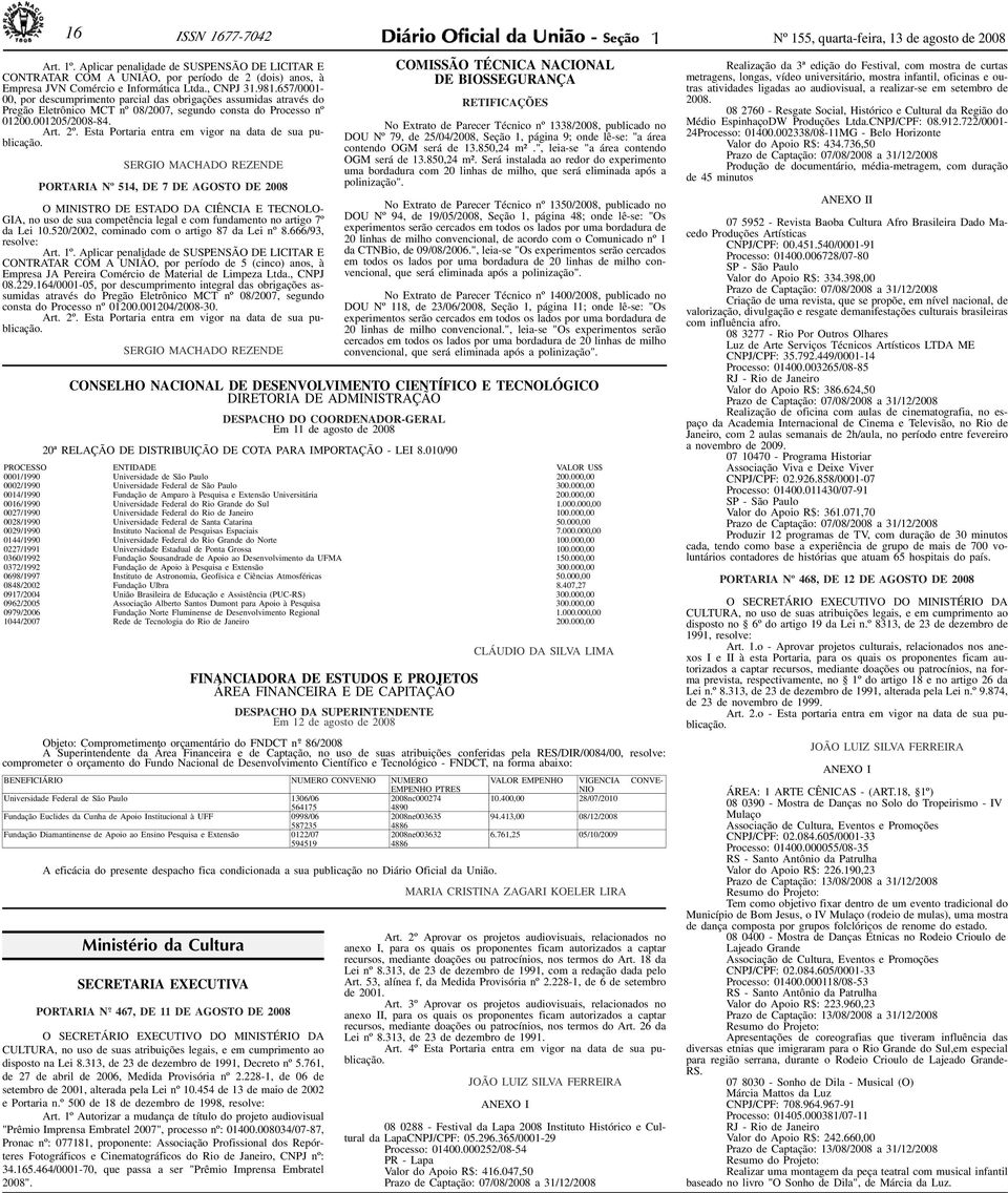 657/0001-00, por descumprimento parcial das obrigações assumidas através do Pregão Eletrônico MCT nº 08/2007, segundo consta do Processo nº 01200.001205/2008-84. Art. 2º.