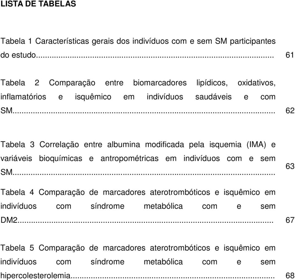 .. 62 Tabela 3 Correlação entre albumina modificada pela isquemia (IMA) e variáveis bioquímicas e antropométricas em indivíduos com e sem SM.