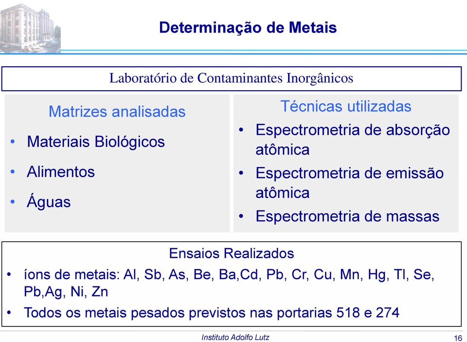 de emissão atômica Espectrometria de massas Ensaios Realizados íons de metais: Al, Sb, As, Be,