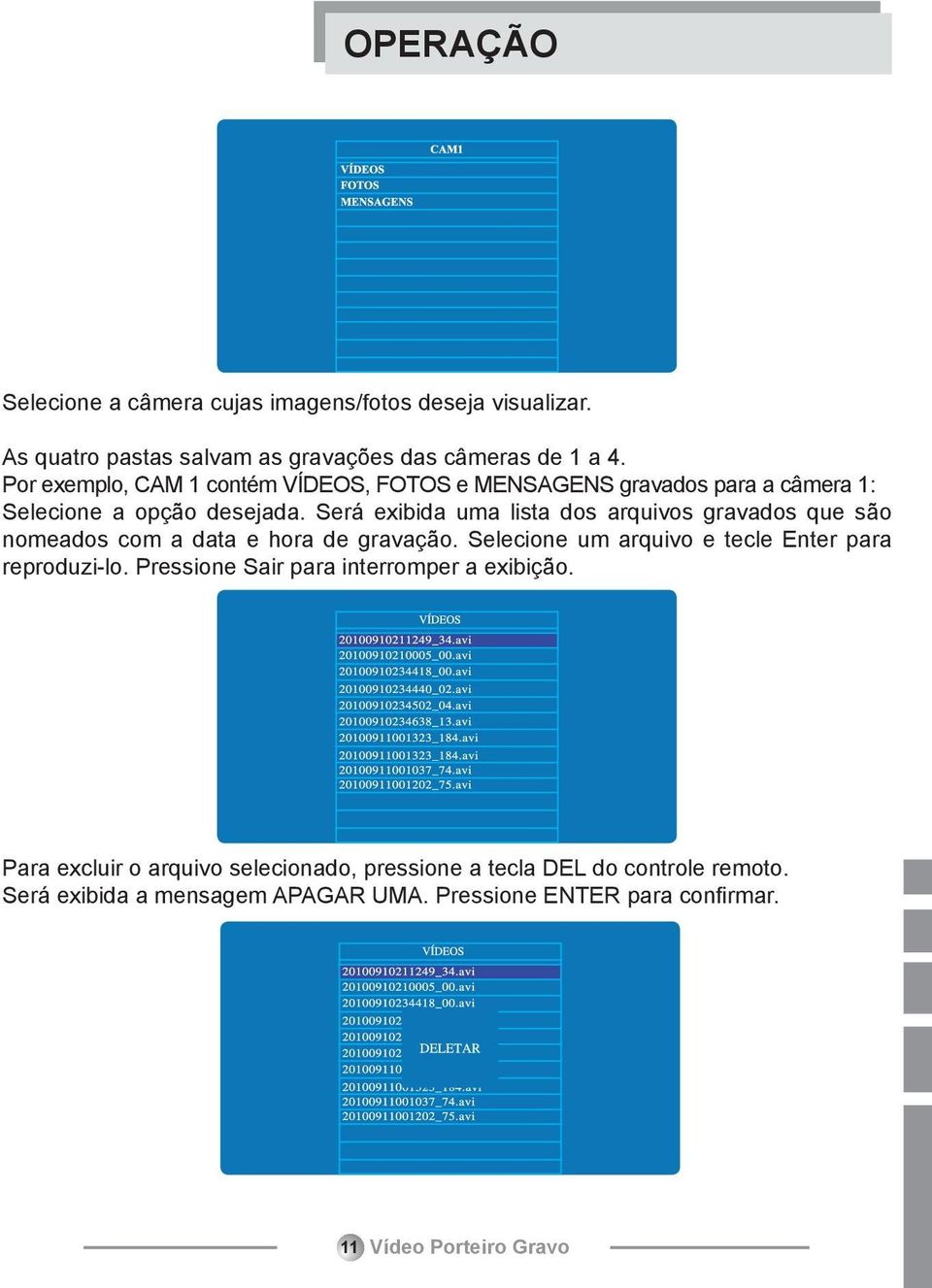 Será exibida uma lista dos arquivos gravados que são nomeados com a data e hora de gravação. Selecione um arquivo e tecle Enter para reproduzi-lo.