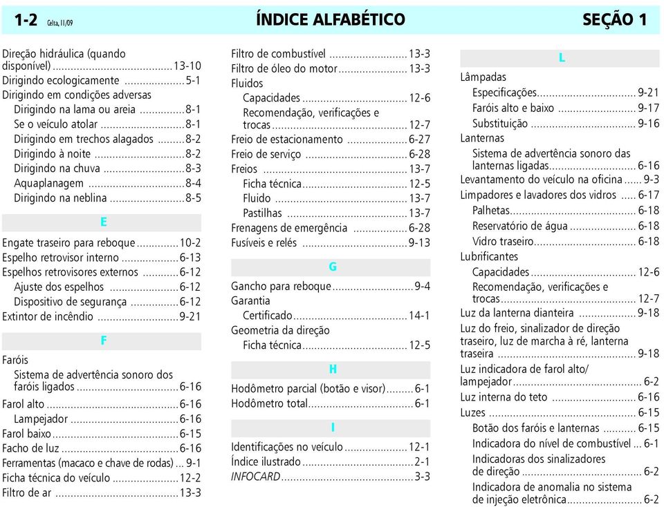 ..10-2 Espelho retrovisor interno...6-13 Espelhos retrovisores externos...6-12 Ajuste dos espelhos...6-12 Dispositivo de segurança...6-12 Extintor de incêndio.