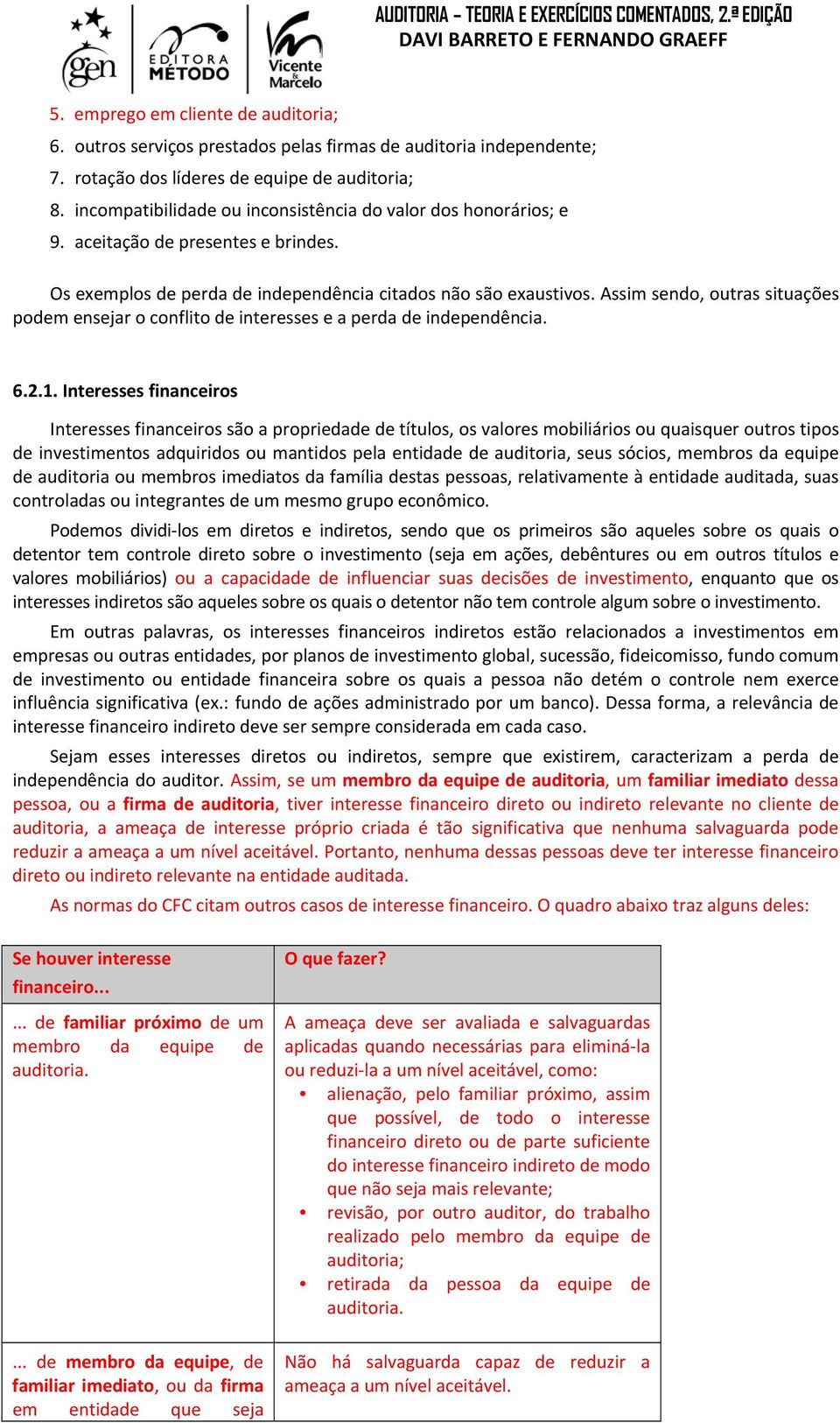 Assim sendo, outras situações podem ensejar o conflito de interesses e a perda de independência. 6.2.1.