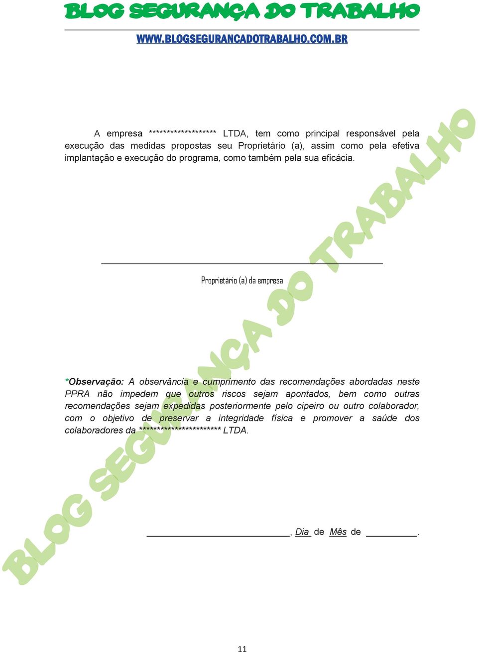 Proprietário (a) da empresa *Observação: A observância e cumprimento das recomendações abordadas neste PPRA não impedem que outros riscos sejam