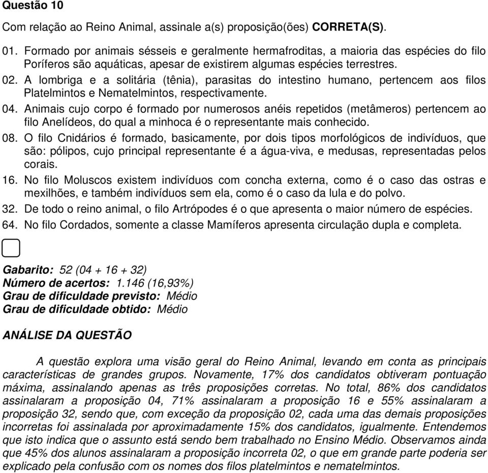 A lombriga e a solitária (tênia), parasitas do intestino humano, pertencem aos filos Platelmintos e Nematelmintos, respectivamente. 04.