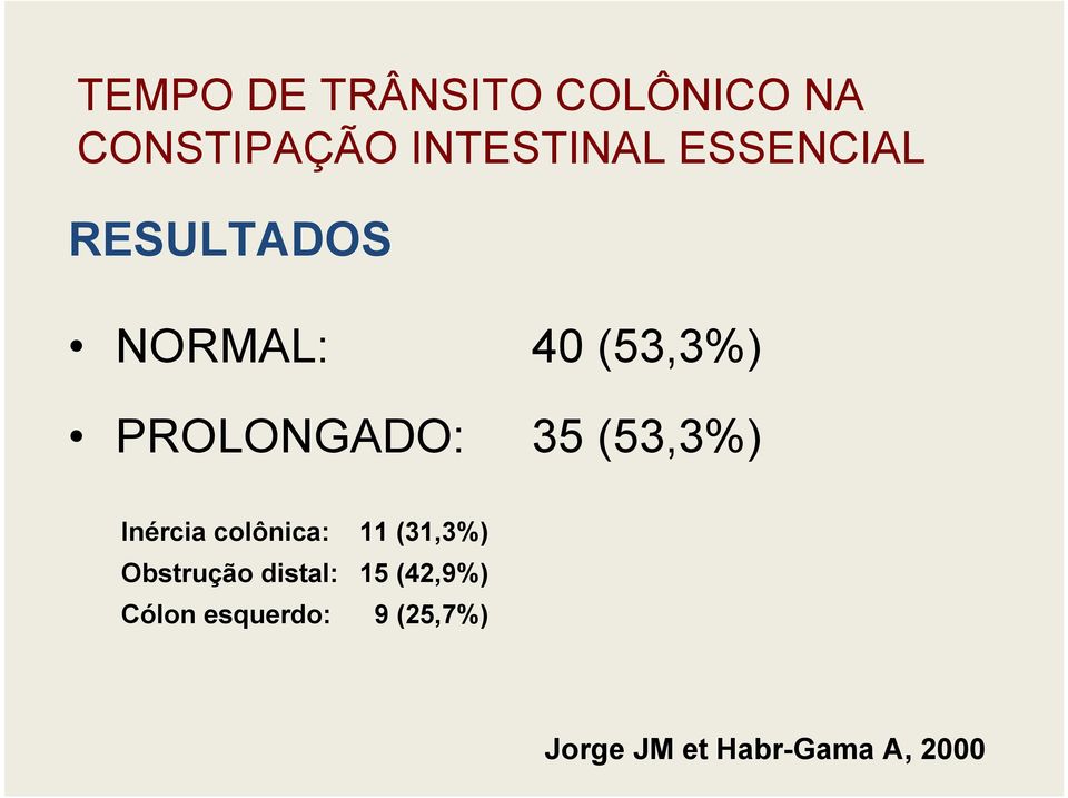 (53,3%) Inércia colônica: 11 (31,3%) Obstrução distal: 15