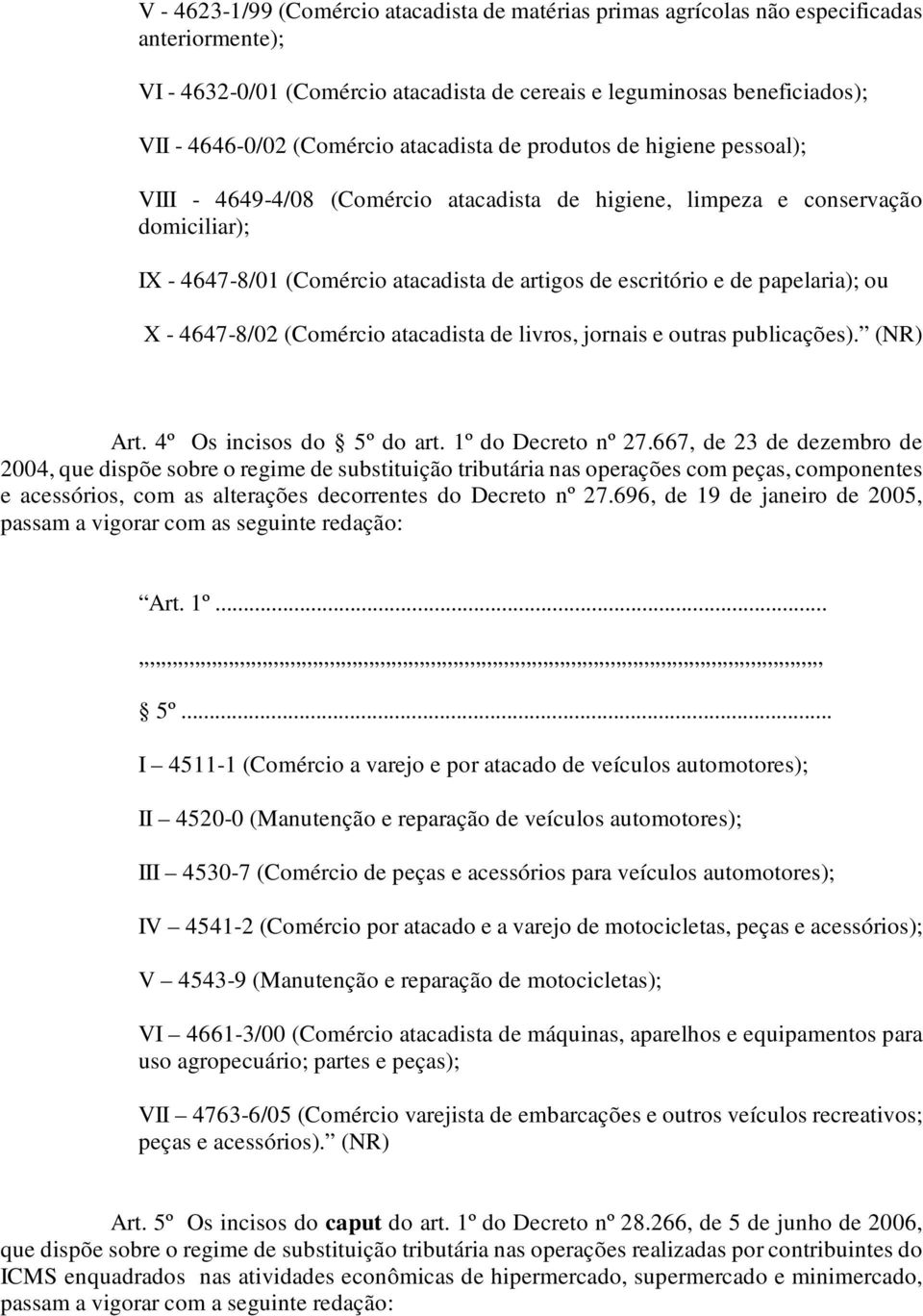 X - 4647-8/02 (Comércio atacadista de livros, jornais e outras publicações). (NR) Art. 4º Os incisos do 5º do art. 1º do Decreto nº 27.