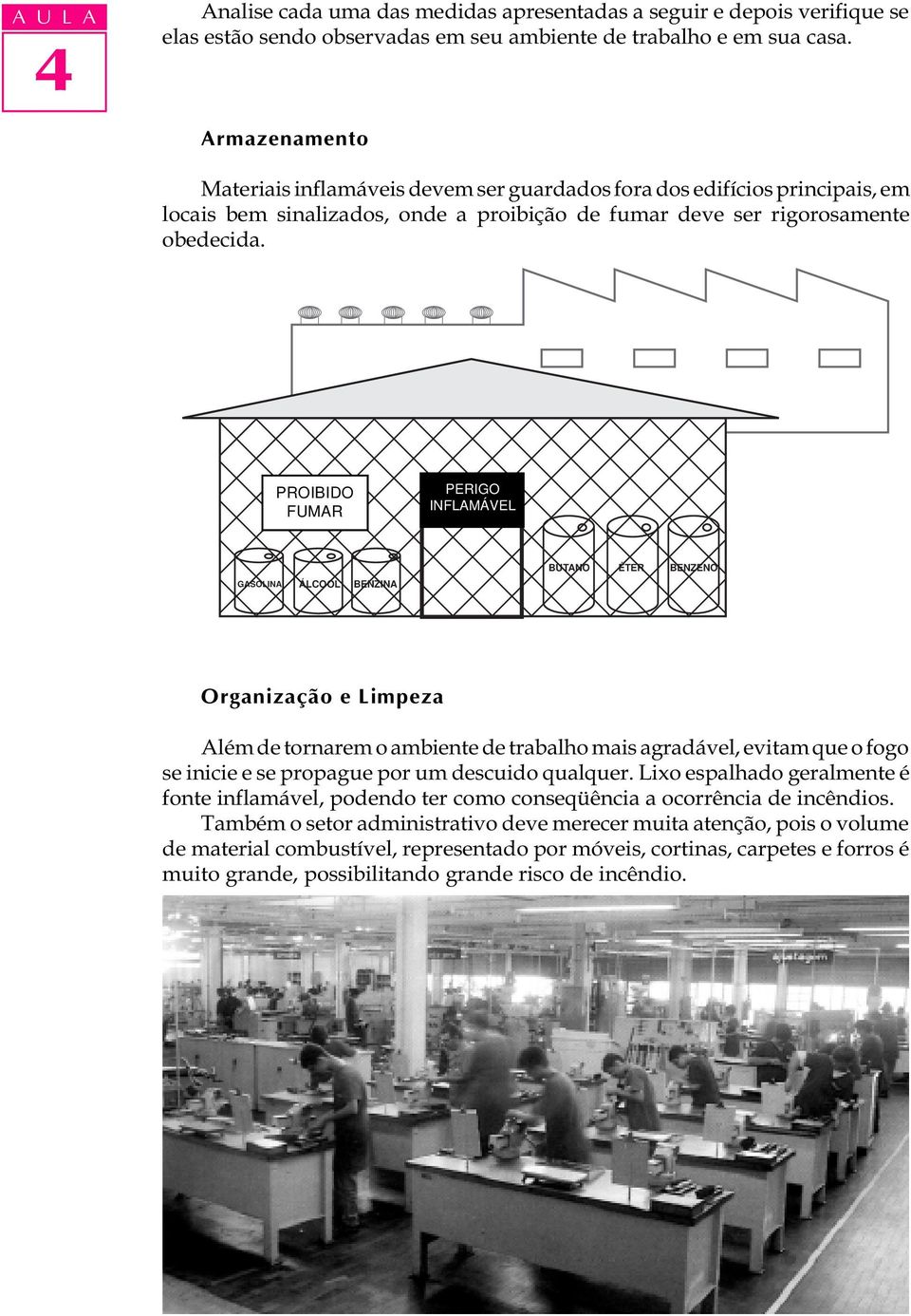 PROIBIDO FUMAR PERIGO INFLAMÁVEL INFLAMÁVEIS GASOLINA ÁLCOOL BENZINA BUTANO ÉTER BENZENO Organização e Limpeza Além de tornarem o ambiente de trabalho mais agradável, evitam que o fogo se inicie e se
