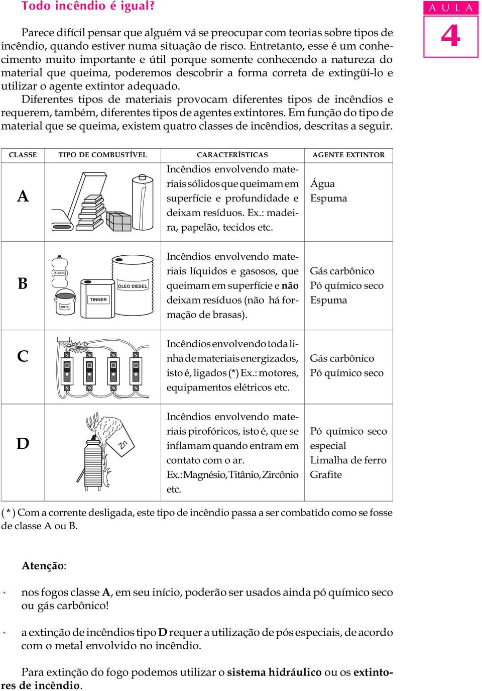 adequado. Diferentes tipos de materiais provocam diferentes tipos de incêndios e requerem, também, diferentes tipos de agentes extintores.