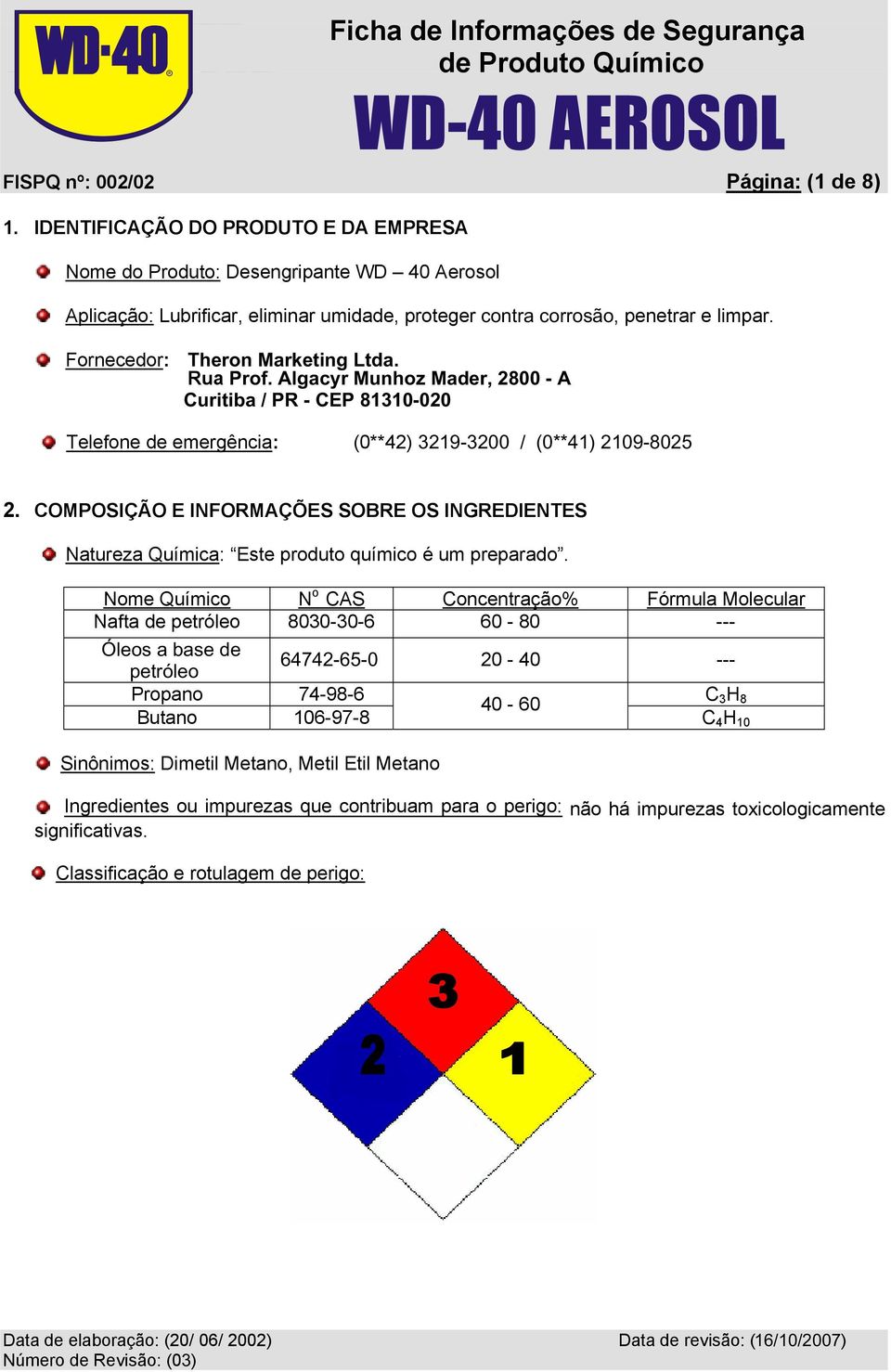 Fornecedor: Theron Marketing Ltda. Rua Prof. Algacyr Munhoz Mader, 2800 - A Curitiba / PR - CEP 81310-020 Telefone de emergência: (0**42) 3219-3200 / (0**41) 2109-8025 2.