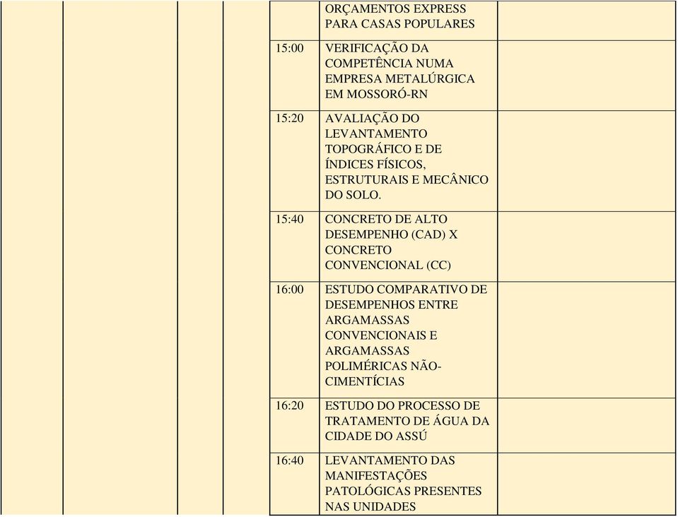 15:40 CONCRETO DE ALTO DESEMPENHO (CAD) X CONCRETO CONVENCIONAL (CC) 16:00 ESTUDO COMPARATIVO DE DESEMPENHOS ENTRE ARGAMASSAS