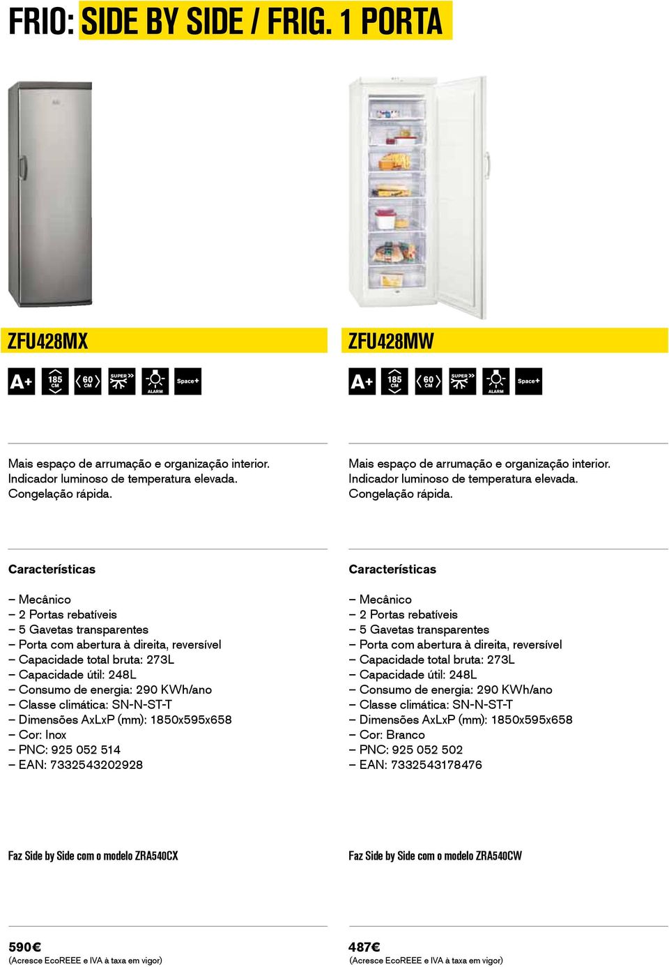 2 Portas rebatíveis 5 Gavetas transparentes Porta com abertura à direita, reversível Capacidade total bruta: 273L Capacidade útil: 248L Consumo de energia: 290 KWh/ano 1850x595x658 Cor: Inox PNC: 925