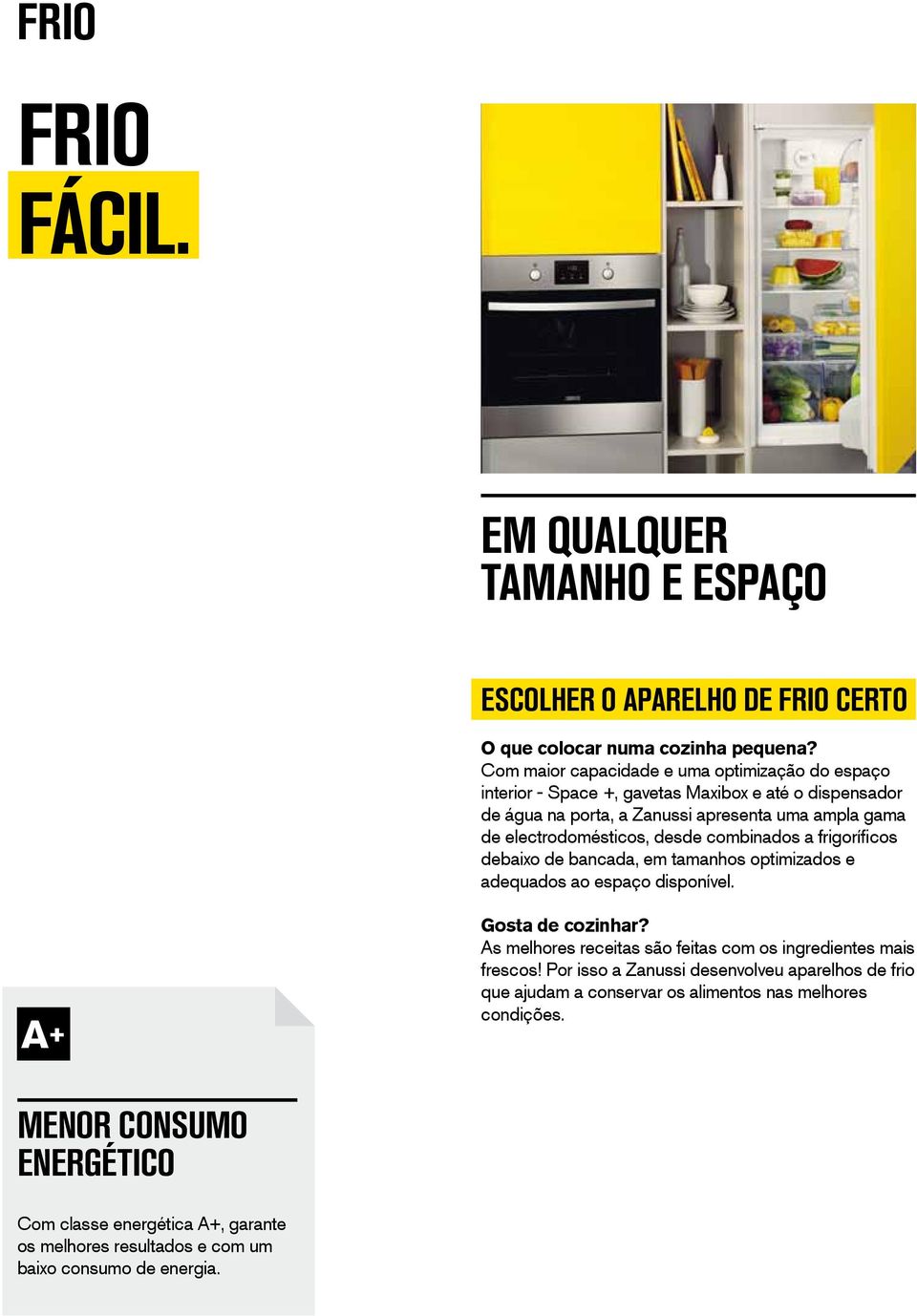 electrodomésticos, desde combinados a frigoríficos debaixo de bancada, em tamanhos optimizados e adequados ao espaço disponível. Gosta de cozinhar?