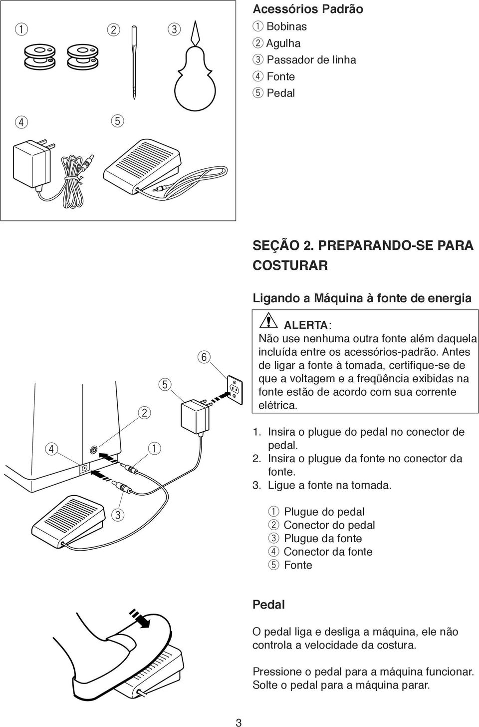 Ants d liga a font à tomada, ctifiu-s d u a voltagm a füência xibidas na font stão d acodo com sua cont lética. 1. Insia o plugu do pdal no concto d pdal. 2.