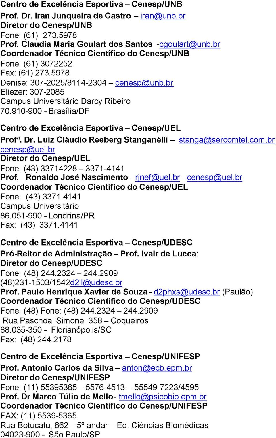 910-900 - Brasília/DF Centro de Excelência Esportiva Cenesp/UEL Profª. Dr. Luiz Cláudio Reeberg Stanganélli stanga@sercomtel.com.br cenesp@uel.