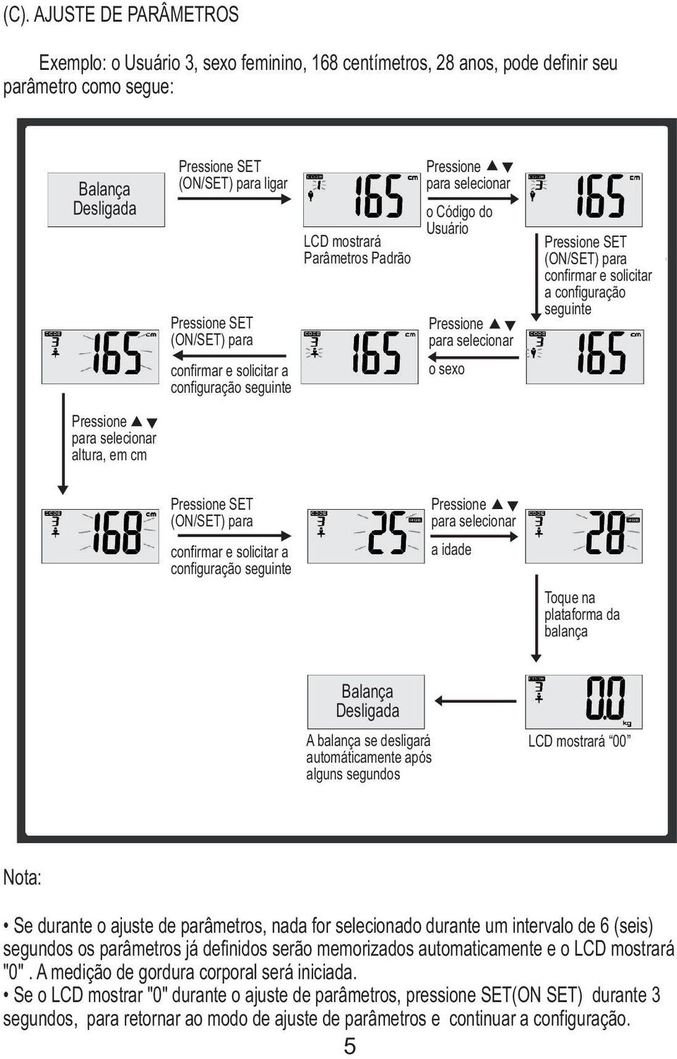 sexo Pressione SET (ON/SET) para confirmar e solicitar a configuração seguinte Pressione SET (ON/SET) para confirmar e solicitar a configuração seguinte Pressione para selecionar a idade Toque na