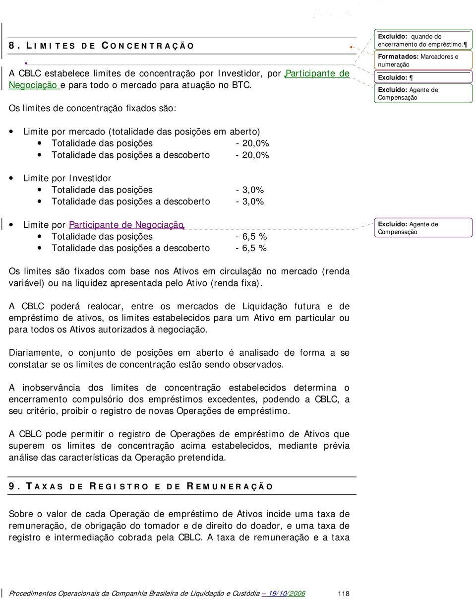 Formatados: Marcadores e numeração Excluído: Excluído: Agente de Compensação Limite por mercado (totalidade das posições em aberto) Totalidade das posições - 20,0% Totalidade das posições a