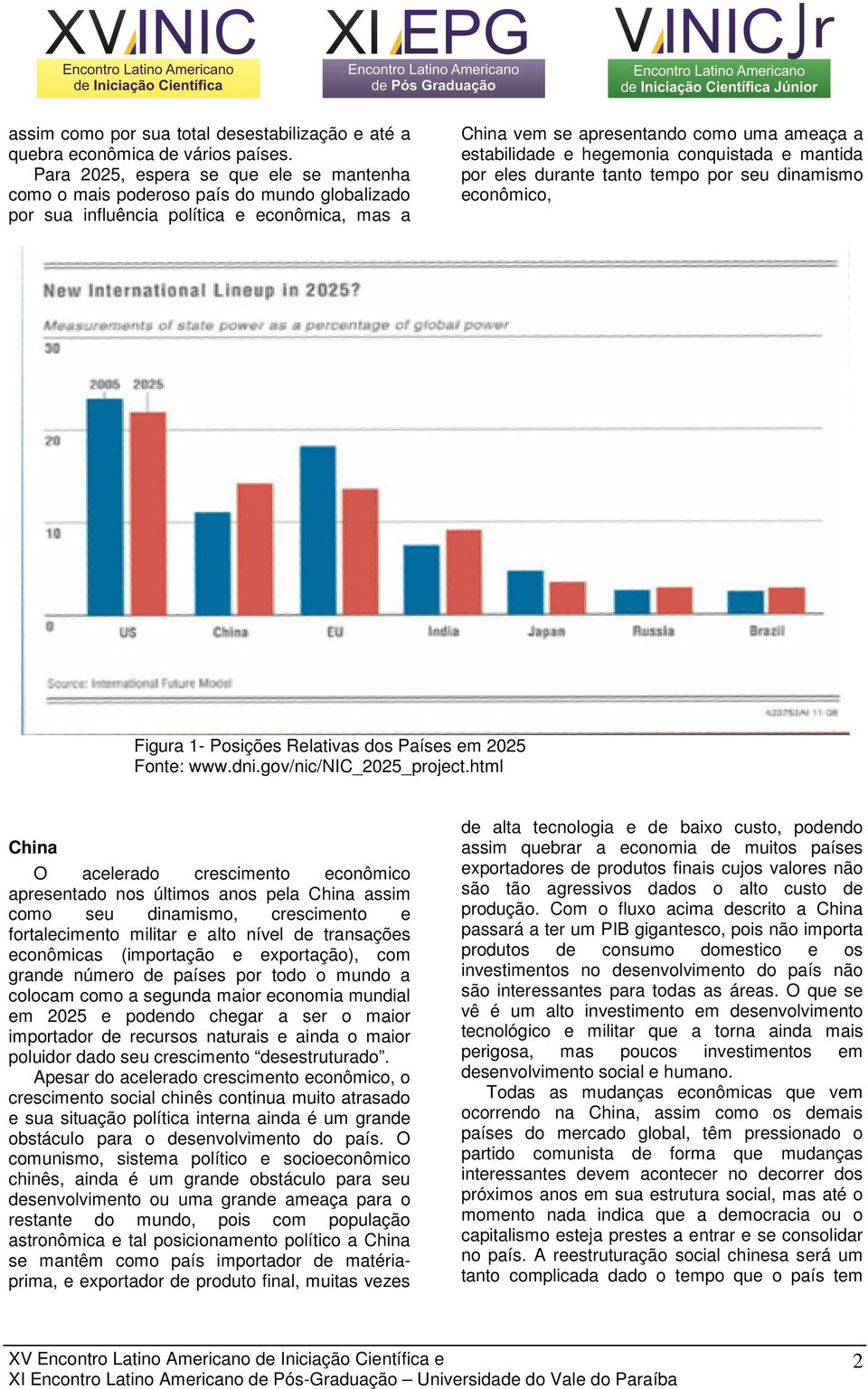 hegemonia conquistada e mantida por eles durante tanto tempo por seu dinamismo econômico, Figura 1- Posições Relativas dos Países em 2025 Fonte: www.dni.gov/nic/nic_2025_project.