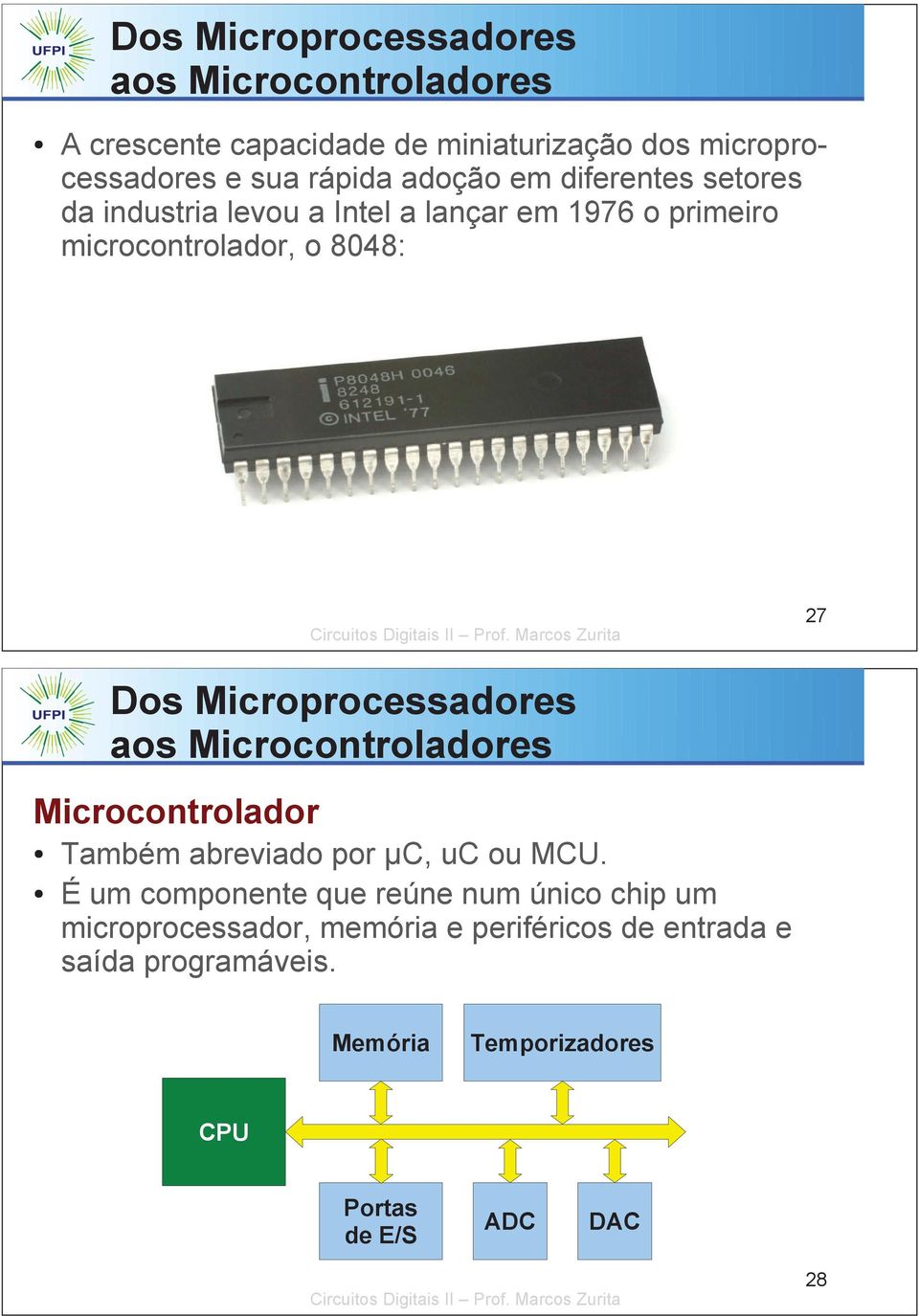 Microprocessadores aos Microcontroladores Microcontrolador Também abreviado por µc, uc ou MCU.