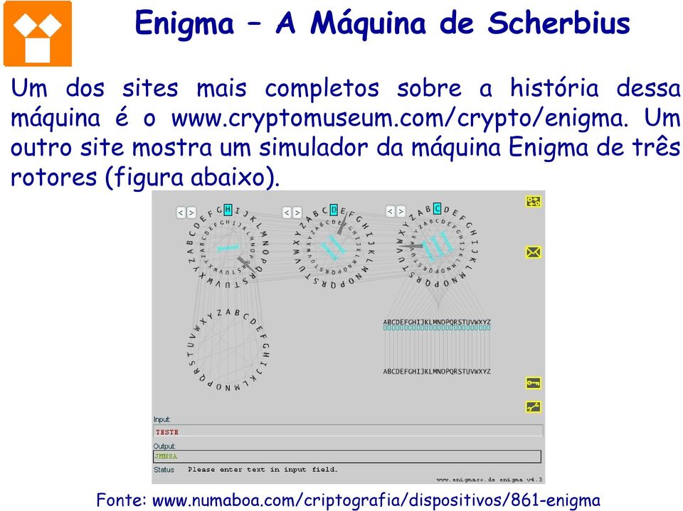 Um outro site mostra um simulador da máquina Enigma de três rotores