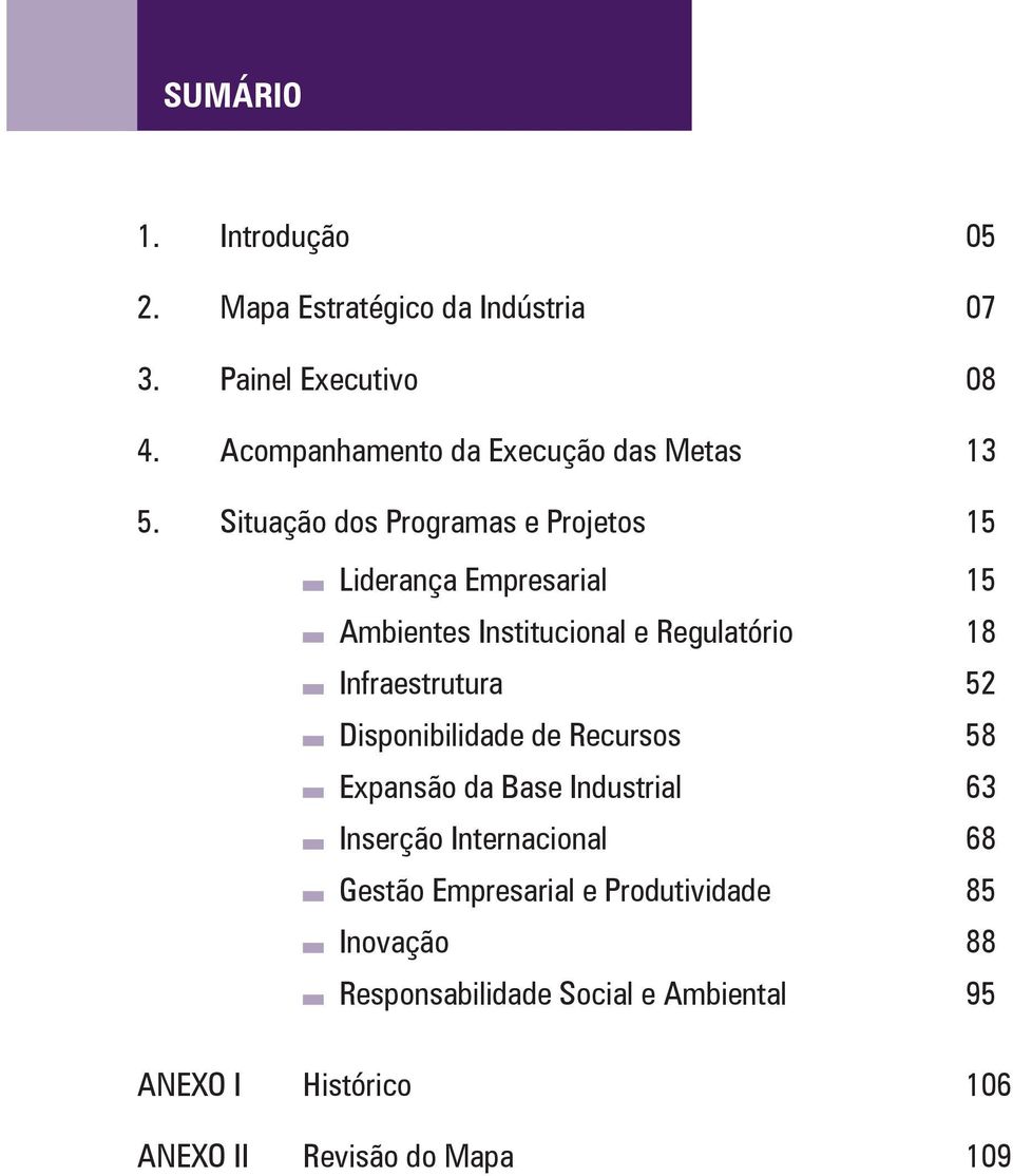 Situação dos Programas e Projetos 15 Liderança Empresarial 15 Ambientes Institucional e Regulatório 18 Infraestrutura