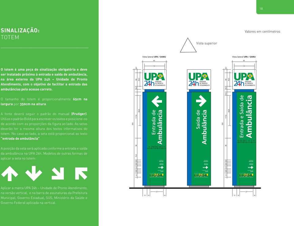 o tamanho do totem é proporcionalmente 65cm na largura por 350cm na altura. a fonte deverá seguir o padrão do manual (Frutiger).