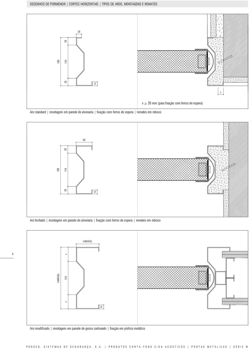 de alvenaria fixação com ferros de espera remates em reboco VARIÁVEL 8 124 x Aro modificado montagem em parede de gesso cartonado fixação em pórtico