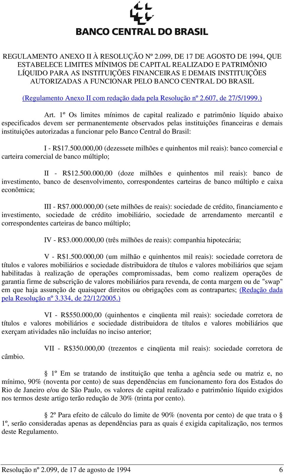 CENTRAL DO BRASIL (Regulamento Anexo II com redação dada pela Resolução nº 2.607, de 27/5/1999.) Art.
