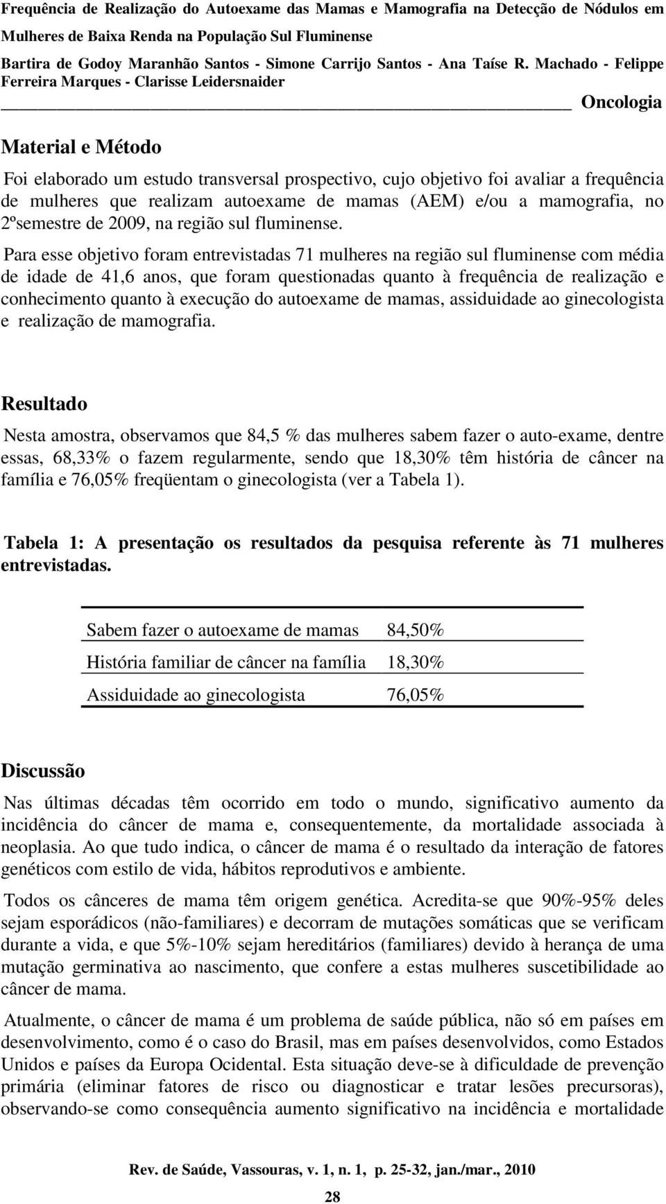 Para esse objetivo foram entrevistadas 71 mulheres na região sul fluminense com média de idade de 41,6 anos, que foram questionadas quanto à frequência de realização e conhecimento quanto à execução