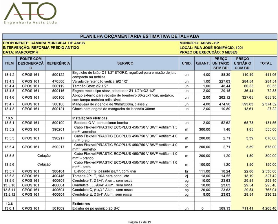un 2,00 262,12 327,65 655,30 13.4.7 CPS 161 500108 Mangueira de incêndio de 38mmx30m, classe 2 un 4,00 474,90 593,63 2.374,52 13.4.8 CPS 161 500121 Chave para engate de mangueira de incendio 38mm un 2,00 10,89 13,61 27,22 13.