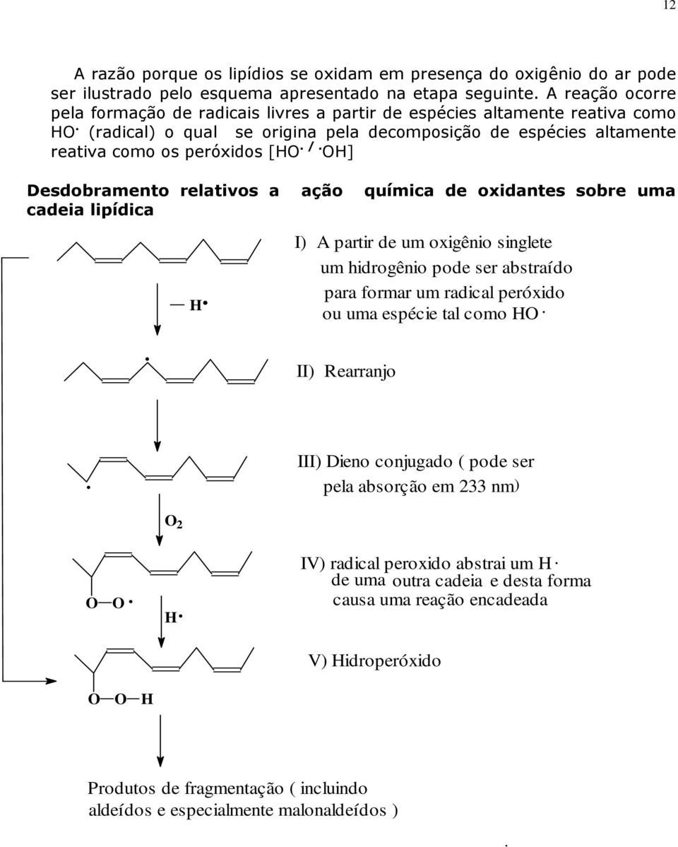 ] Desdobramento relativos a ação química de oxidantes sobre uma cadeia lipídica.