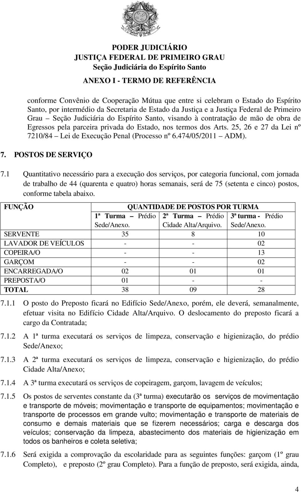 1 Quantitativo necessário para a execução dos serviços, por categoria funcional, com jornada de trabalho de 44 (quarenta e quatro) horas semanais, será de 75 (setenta e cinco) postos, conforme tabela