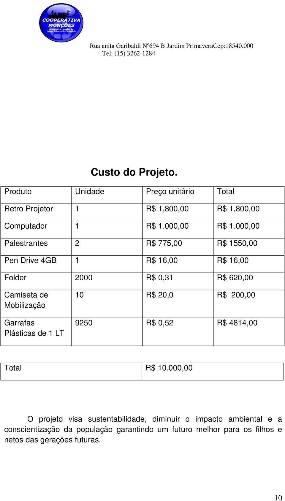 Mobilização Garrafas Plásticas de 1 LT 10 R$ 20,0 R$ 200,00 9250 R$ 0,52 R$ 4814,00 Total R$ 10.