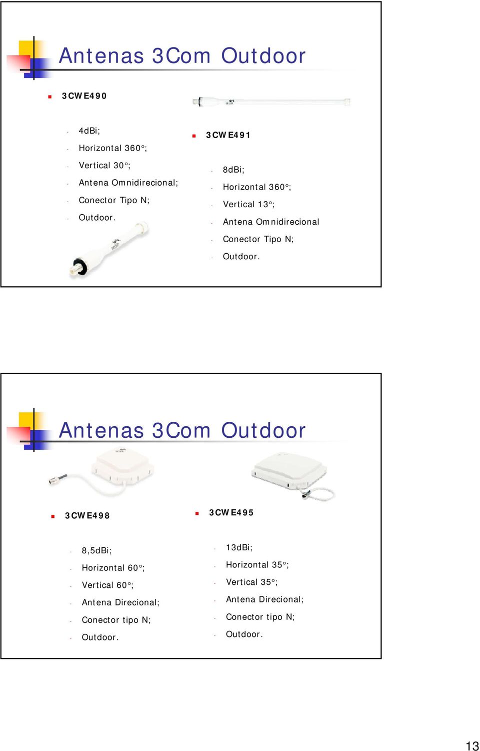 Antenas 3Com Outdoor 3CWE498 3CWE495-8,5dBi; - Horizontal 60 ; - Vertical 60 ; - Antena Direcional; - Conector