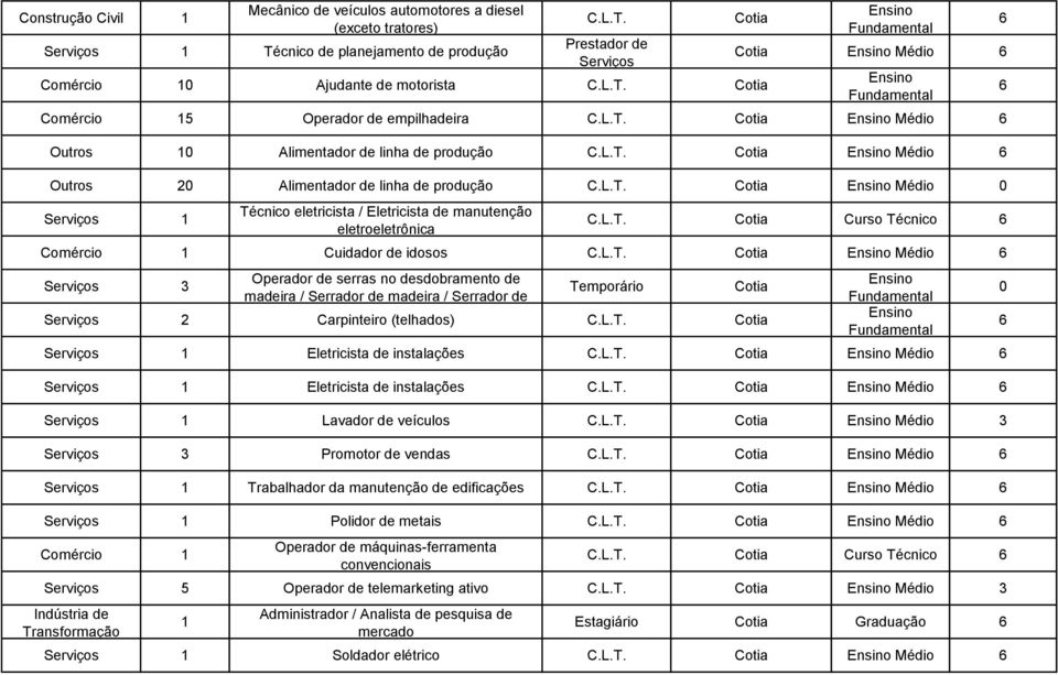 Eletricista de manutenção eletroeletrônica Cotia Curso Técnico Comércio 1 Cuidador de idosos Cotia Médio Serviços Operador de serras no desdobramento de madeira / Serrador de madeira / Serrador de