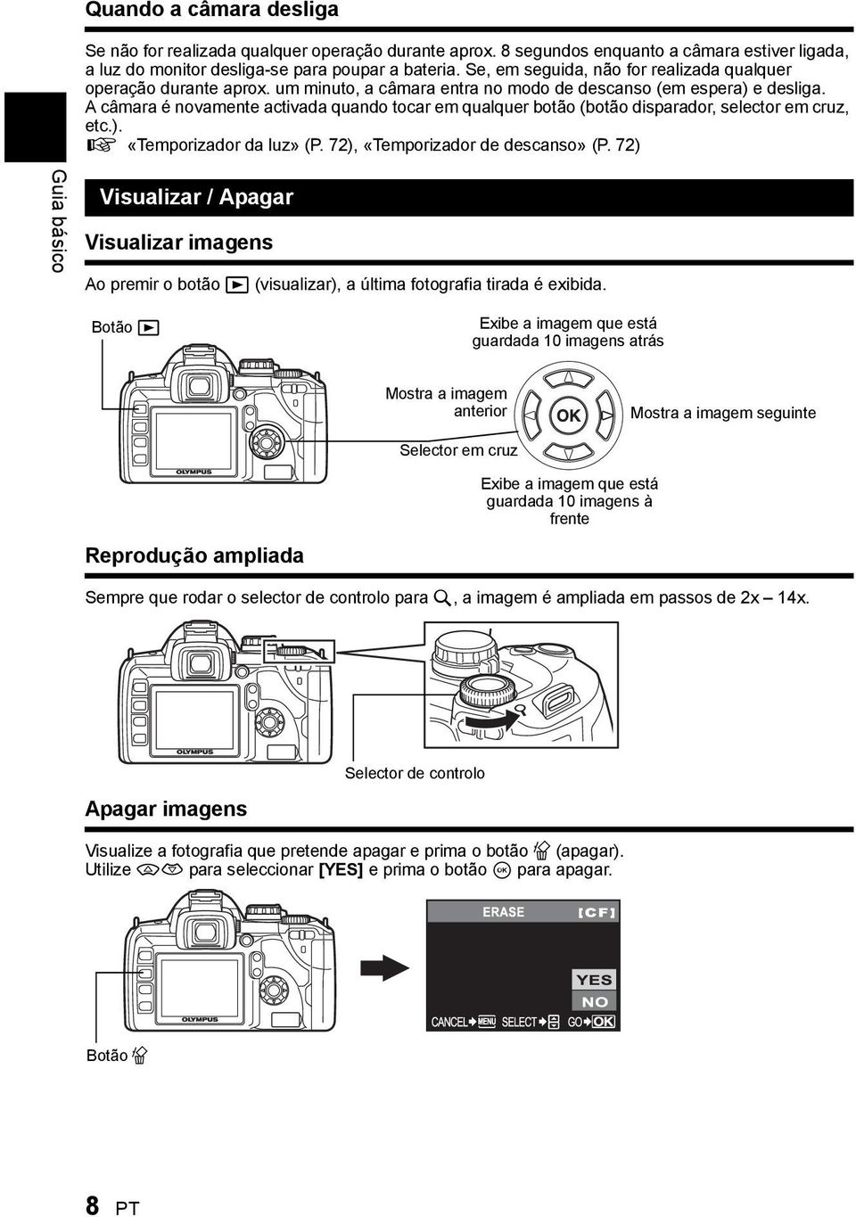 A câmara é novamente activada quando tocar em qualquer botão (botão disparador, selector em cruz, etc.). g «Temporizador da luz» (P. 72), «Temporizador de descanso» (P.
