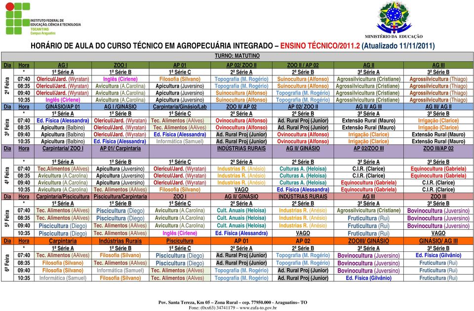 Rogério) Suinocultura (Alfonso) Agrossilvicultura (Cristiane) Agrossilvicultura (Thiago) 08:35 Olericul/Jard. (Wyratan) Avicultura (A.Carolina) Apicultura (Juversino) Topografia (M.