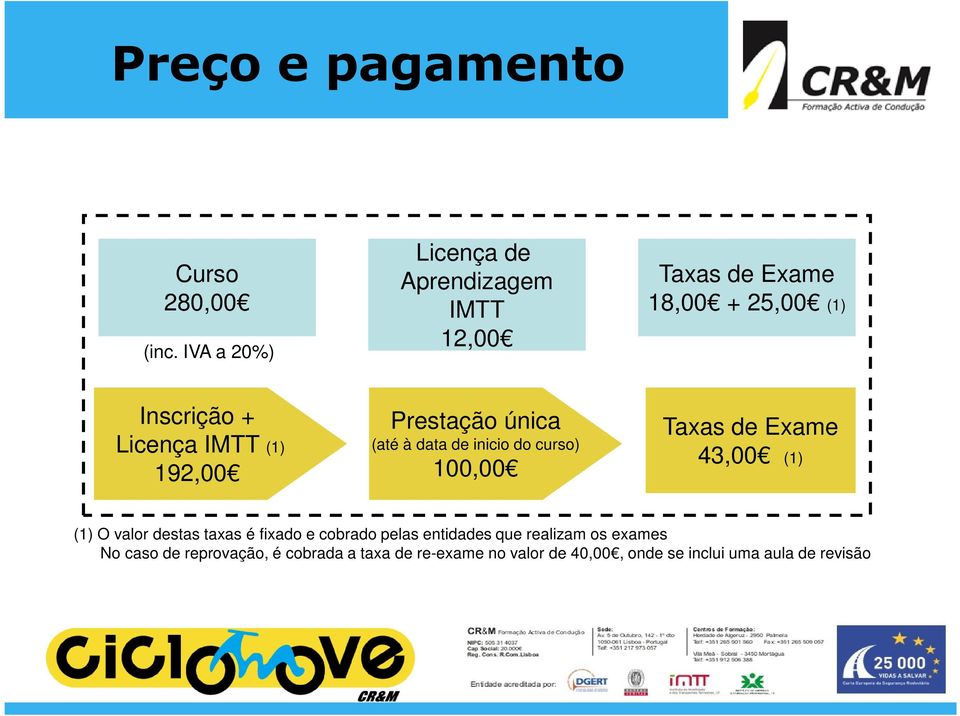 (1) 192,00 Prestação única (até à data de inicio do curso) 100,00 Taxas de Exame 43,00 (1) (1) O valor