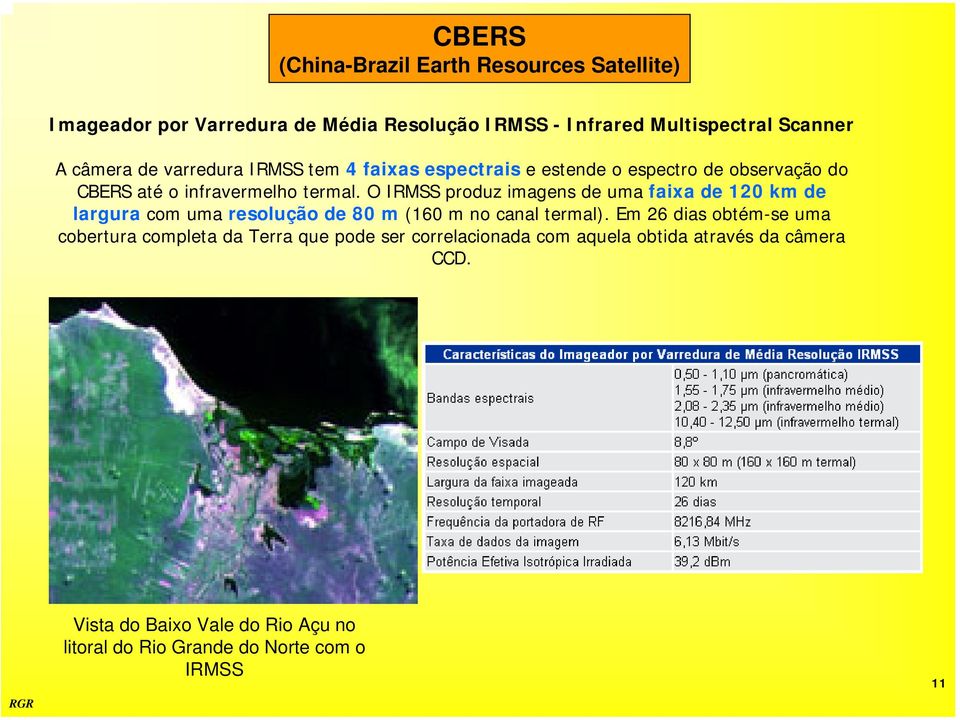 O IRMSS produz imagens de uma faixa de 120 km de largura com uma resolução de 80 m (160 m no canal termal).