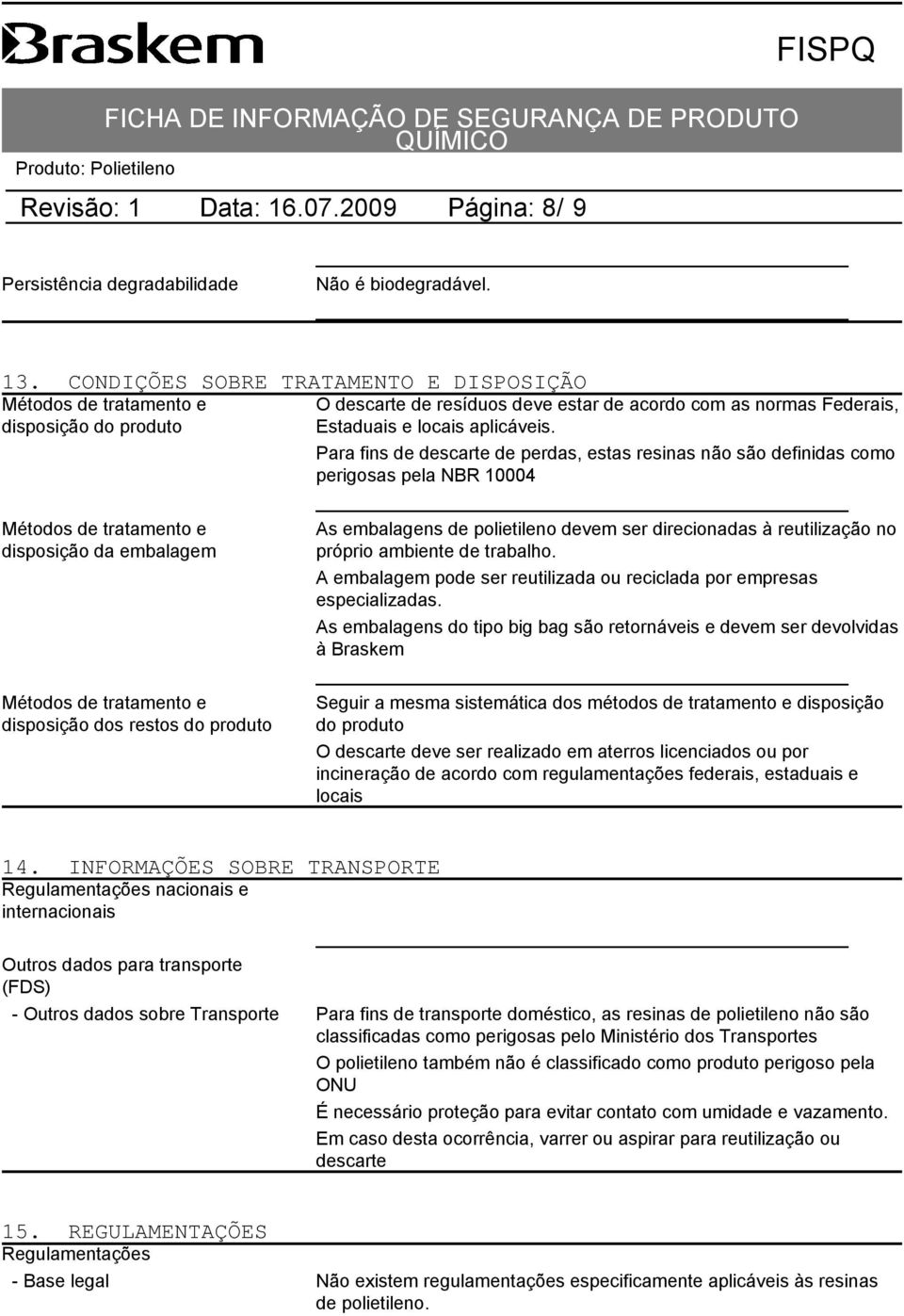 Para fins de descarte de perdas, estas resinas não são definidas como perigosas pela NBR 10004 Métodos de tratamento e disposição da embalagem Métodos de tratamento e disposição dos restos do produto