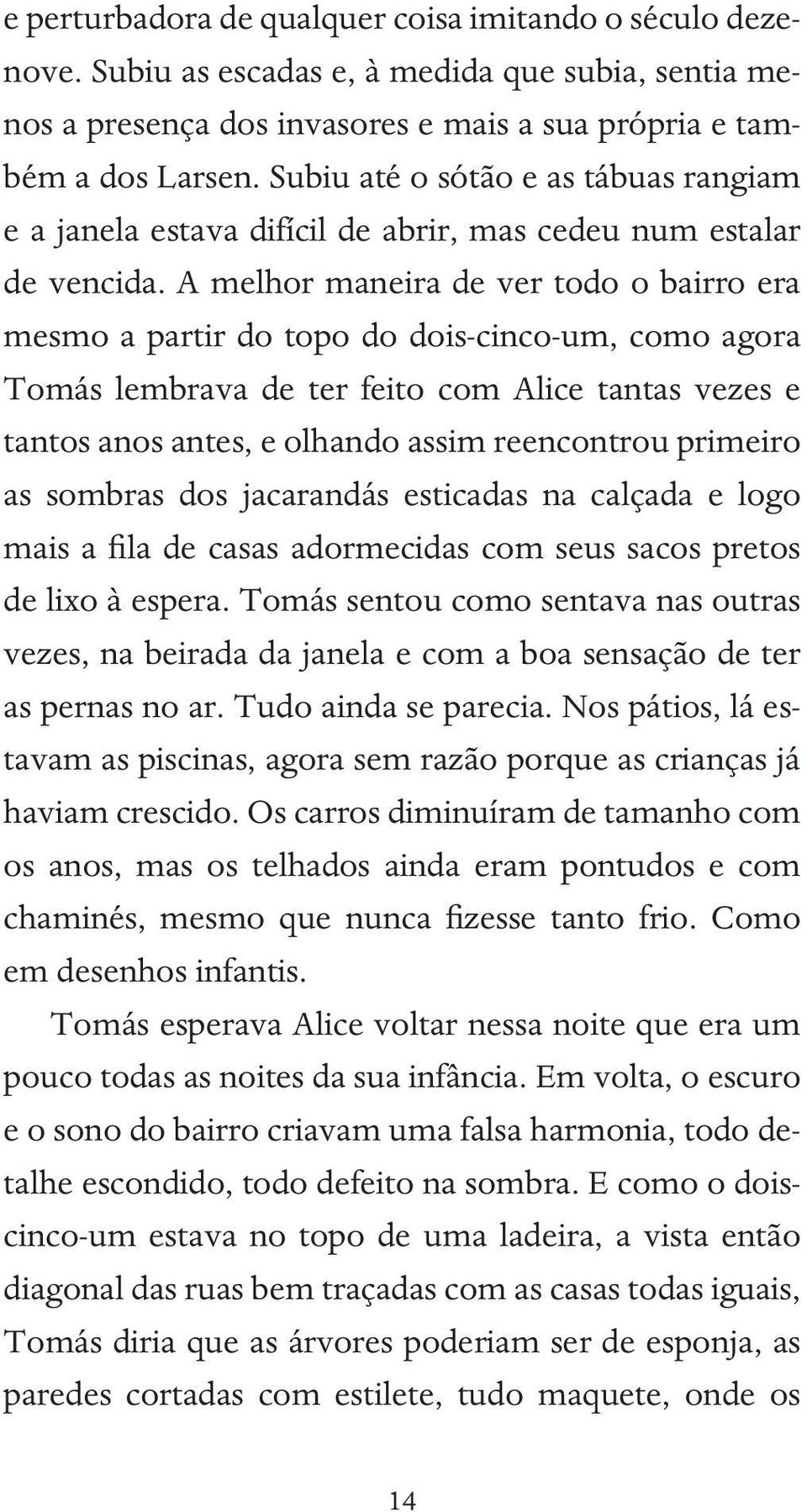 A melhor maneira de ver todo o bairro era mesmo a partir do topo do dois-cinco-um, como agora Tomás lembrava de ter feito com Alice tantas vezes e tantos anos antes, e olhando assim reencontrou